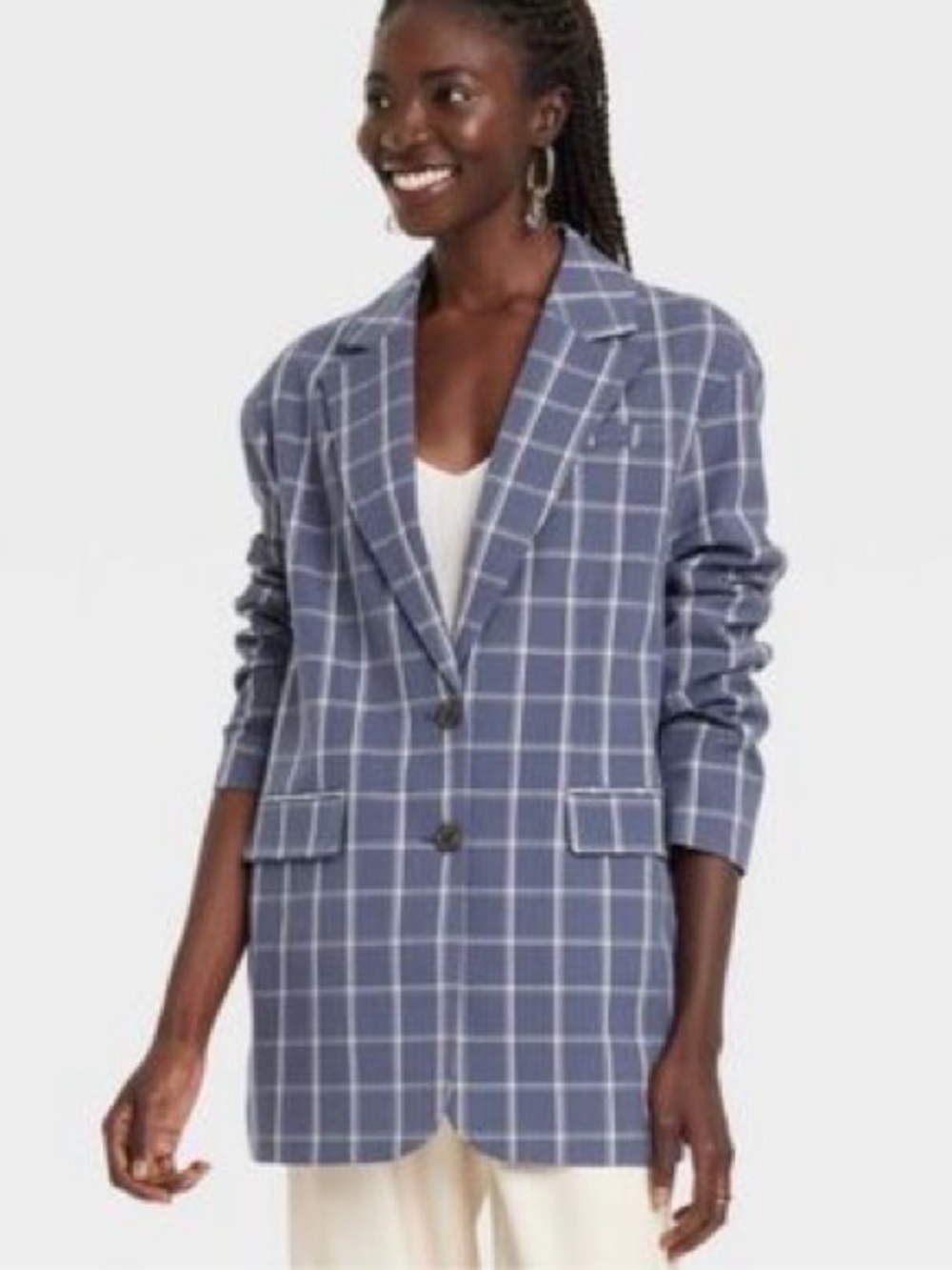 A New Day Plaid Blue and White Single-Breasted Oversized Blazer